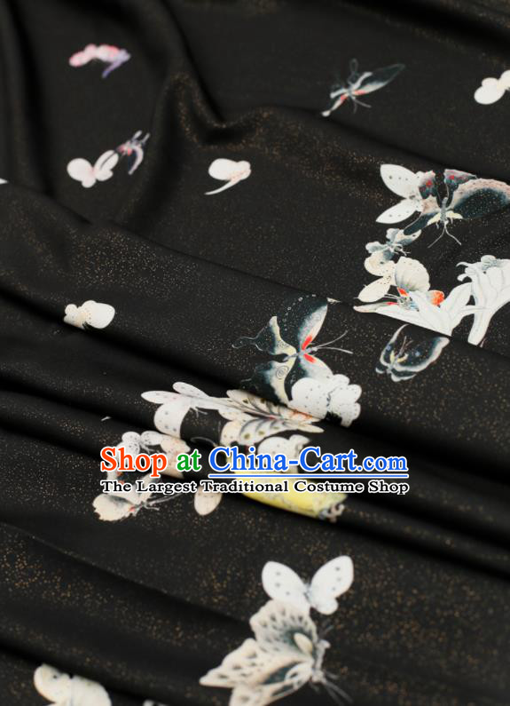Asian Chinese Classical Printing Butterfly Pattern Design Black Silk Fabric Traditional Hanfu Brocade Material