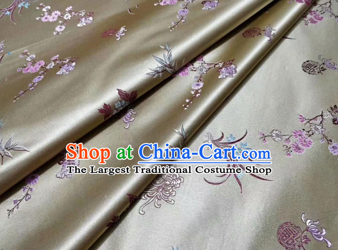 Asian Chinese Classical Plum Orchid Bamboo Chrysanthemum Pattern Design Light Golden Silk Fabric Traditional Nanjing Brocade Material