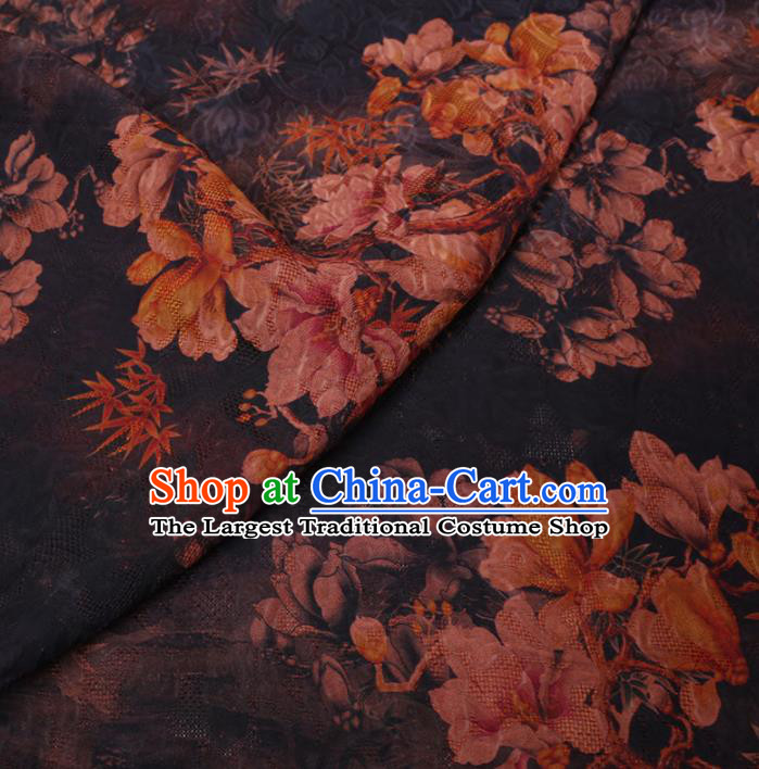 Asian Chinese Classical Magnolia Maple Leaf Pattern Design Navy Watered Gauze Fabric Traditional Silk Material