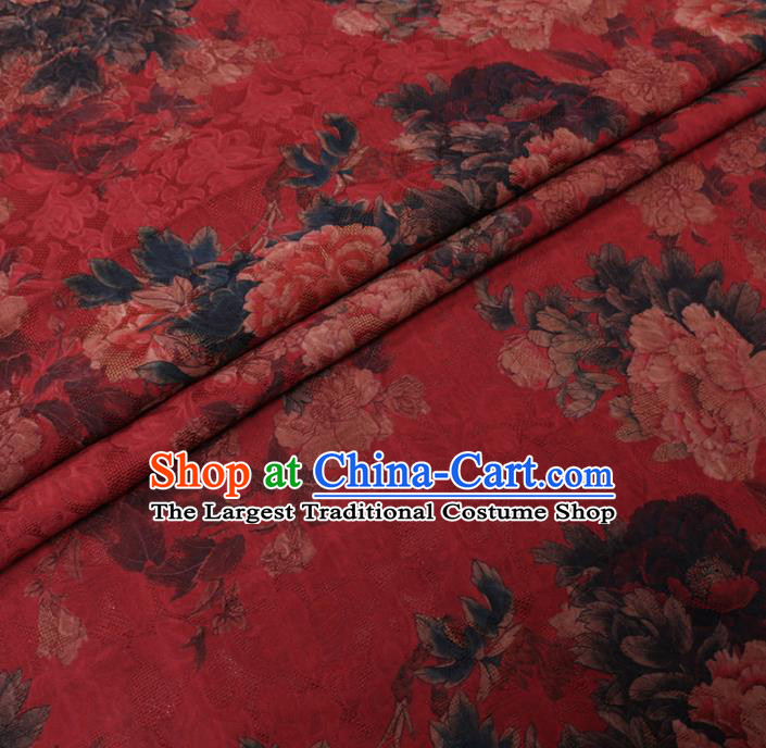 Asian Chinese Classical Peony Flowers Pattern Design Red Watered Gauze Fabric Traditional Silk Material