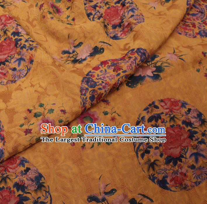 Asian Chinese Classical Butterfly Peony Pattern Design Yellow Watered Gauze Fabric Traditional Silk Material