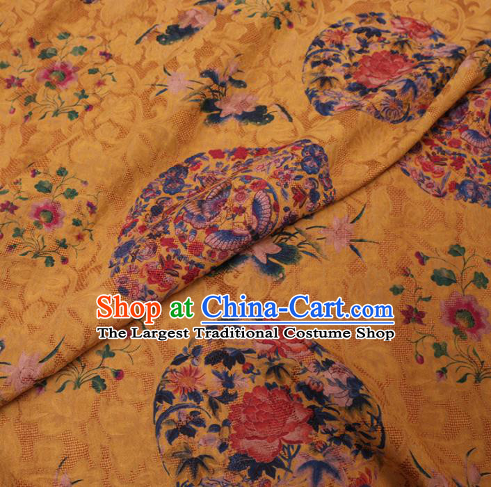 Asian Chinese Classical Butterfly Peony Pattern Design Yellow Watered Gauze Fabric Traditional Silk Material