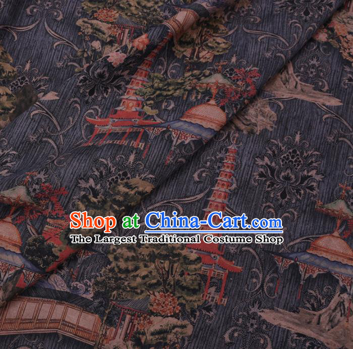 Chinese Cheongsam Classical Tower Pattern Design Grey Watered Gauze Fabric Asian Traditional Silk Material