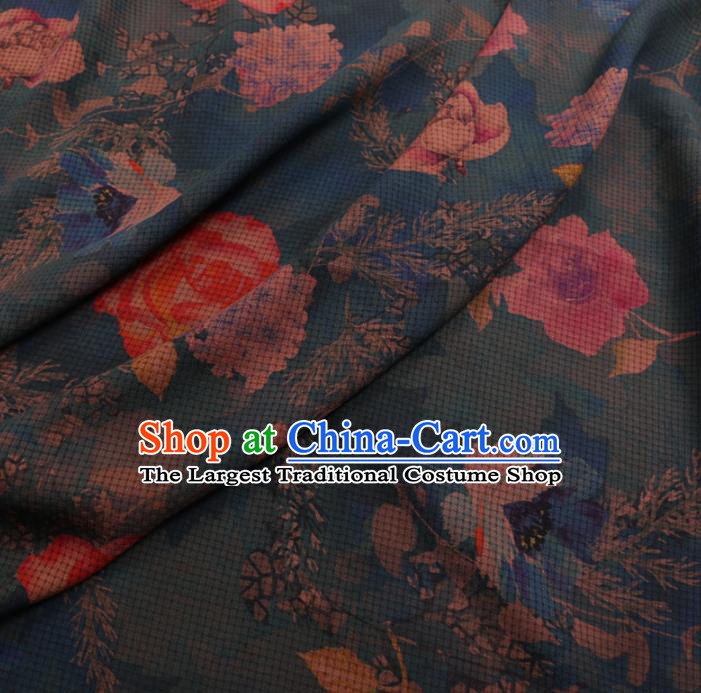 Chinese Cheongsam Classical Roses Pattern Design Blue Watered Gauze Fabric Asian Traditional Silk Material