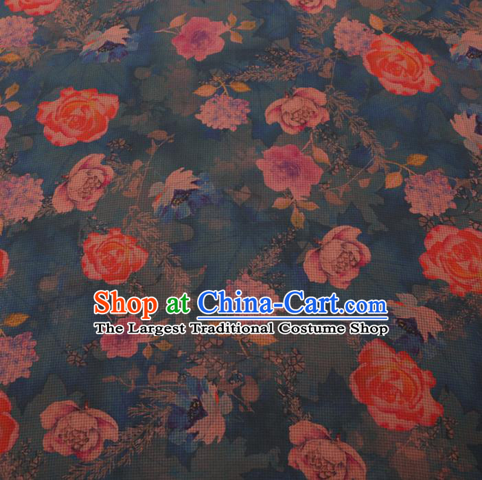 Chinese Cheongsam Classical Roses Pattern Design Blue Watered Gauze Fabric Asian Traditional Silk Material