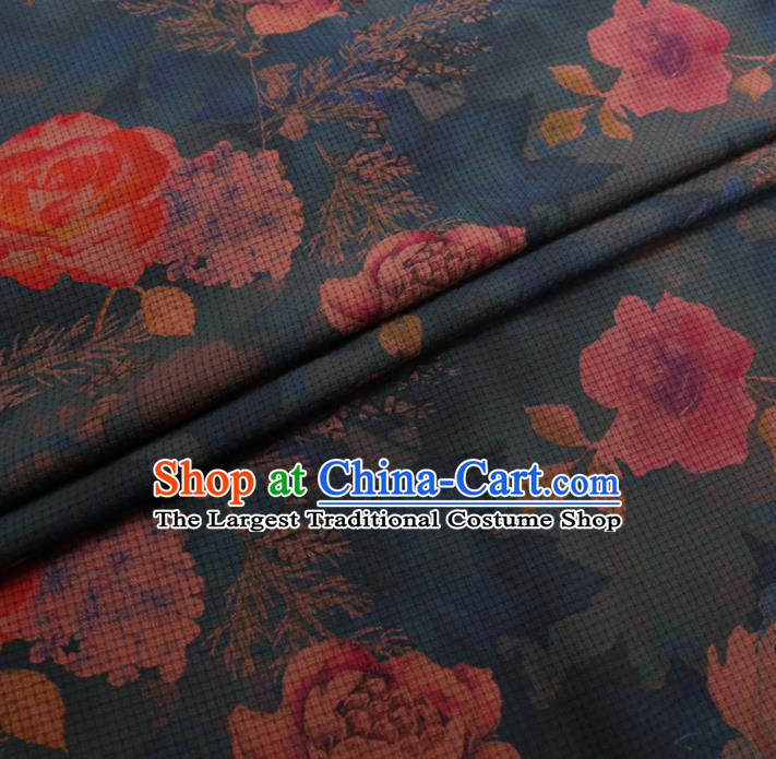Chinese Cheongsam Classical Roses Pattern Design Blue Watered Gauze Fabric Asian Traditional Silk Material