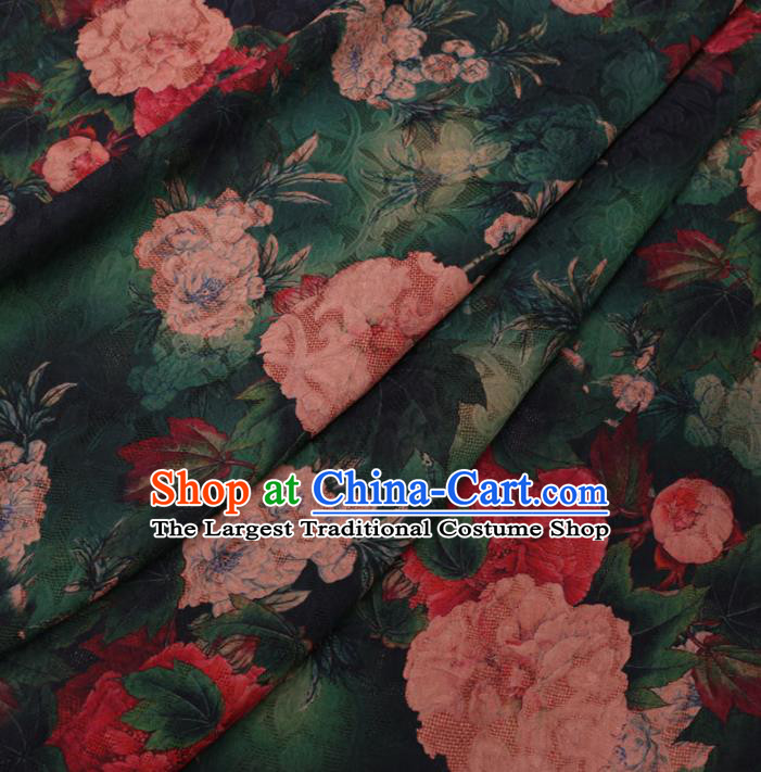Chinese Cheongsam Classical Peony Pattern Design Deep Green Watered Gauze Fabric Asian Traditional Silk Material