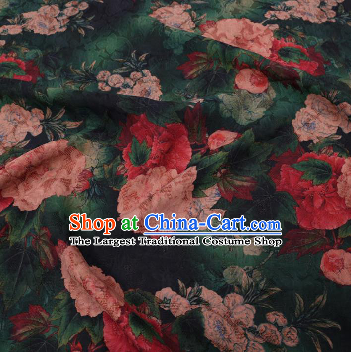 Chinese Cheongsam Classical Peony Pattern Design Deep Green Watered Gauze Fabric Asian Traditional Silk Material