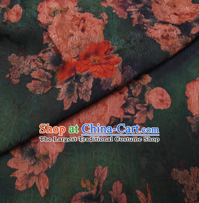 Asian Chinese Classical Peony Pattern Design Deep Green Watered Gauze Fabric Traditional Silk Material