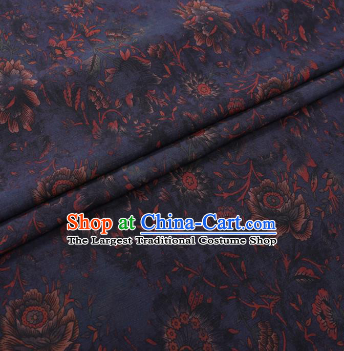Chinese Cheongsam Classical Flowers Pattern Design Navy Watered Gauze Fabric Asian Traditional Silk Material