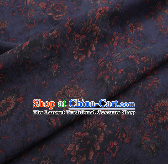 Chinese Cheongsam Classical Flowers Pattern Design Navy Watered Gauze Fabric Asian Traditional Silk Material
