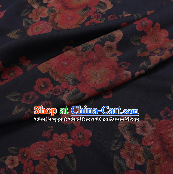 Chinese Cheongsam Classical Flowers Pattern Design Deep Blue Watered Gauze Fabric Asian Traditional Silk Material