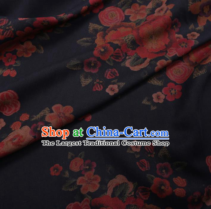 Chinese Cheongsam Classical Flowers Pattern Design Deep Blue Watered Gauze Fabric Asian Traditional Silk Material