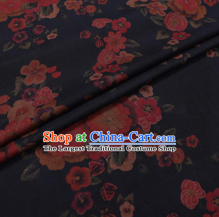 Chinese Cheongsam Classical Flowers Pattern Design Deep Blue Watered Gauze Fabric Asian Traditional Silk Material