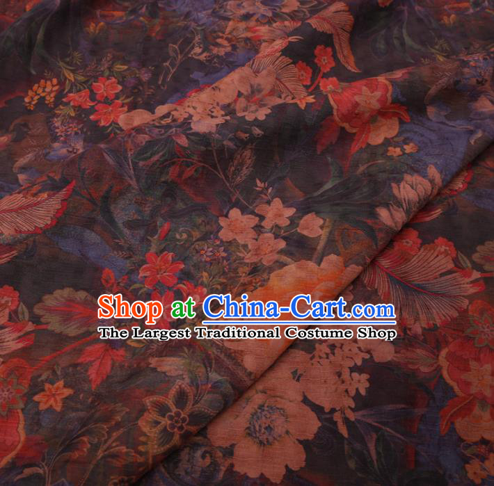 Chinese Cheongsam Classical Flowers Pattern Design Navy Watered Gauze Fabric Asian Traditional Silk Material