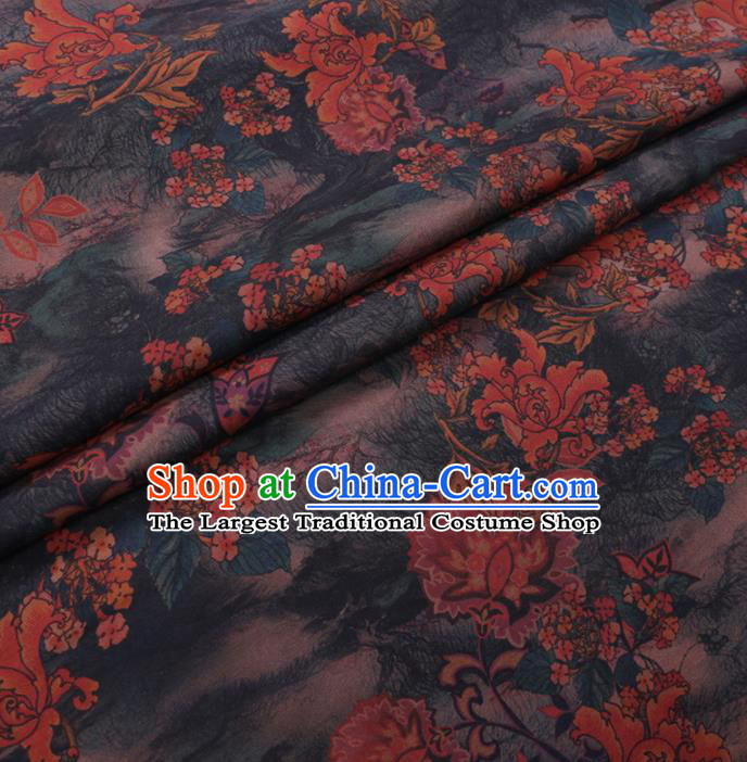 Chinese Cheongsam Classical Pattern Design Navy Watered Gauze Fabric Asian Traditional Silk Material