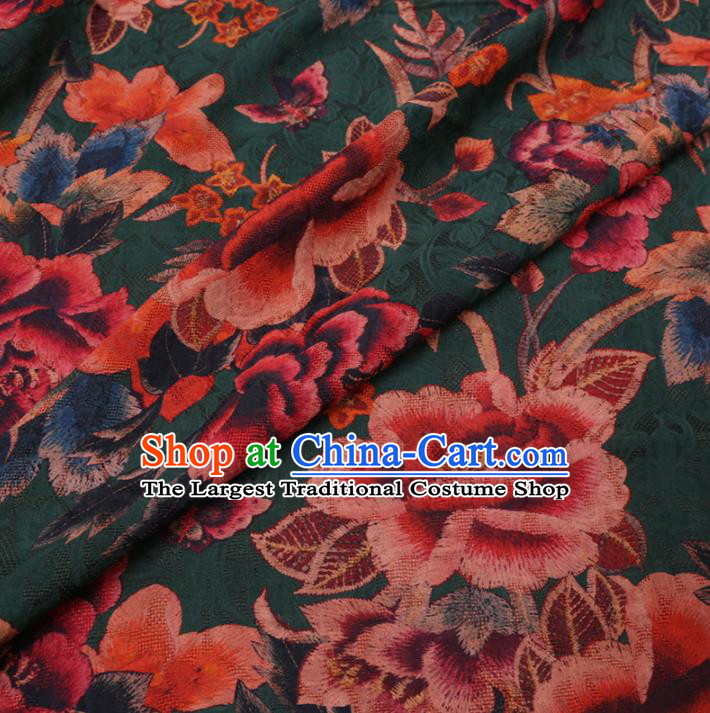 Asian Chinese Classical Peony Butterfly Pattern Design Deep Green Watered Gauze Fabric Traditional Silk Material