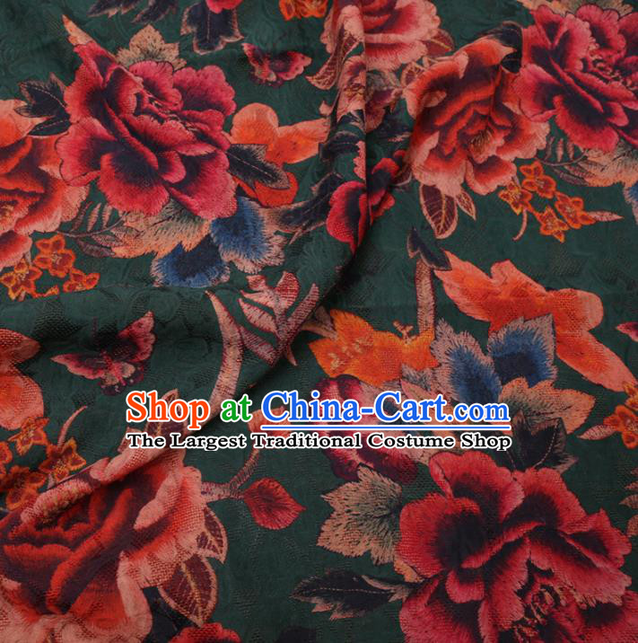 Asian Chinese Classical Peony Butterfly Pattern Design Deep Green Watered Gauze Fabric Traditional Silk Material