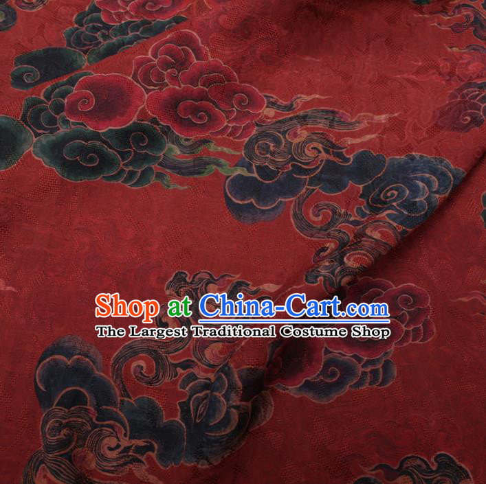 Asian Chinese Classical Auspicious Cloud Pattern Design Dark Red Watered Gauze Fabric Traditional Silk Material