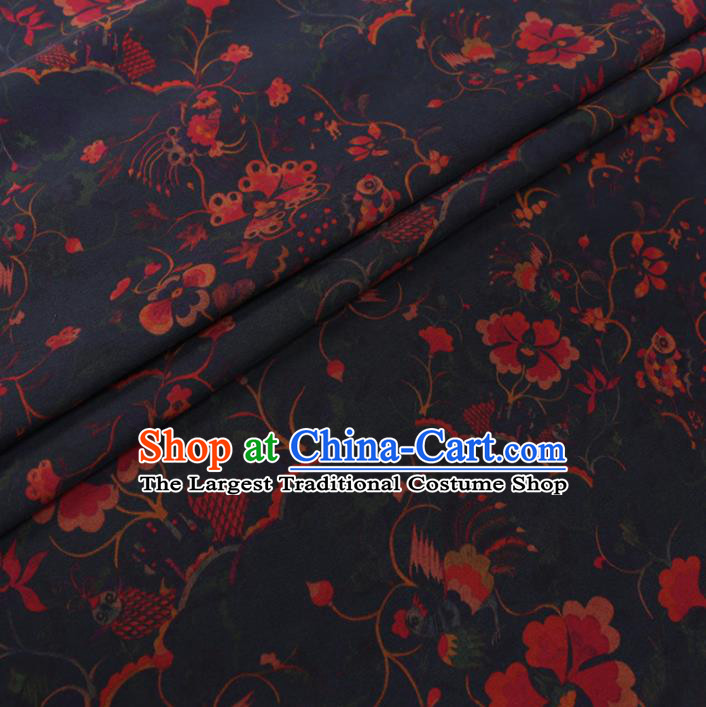 Chinese Cheongsam Classical Flowers Pattern Design Navy Watered Gauze Fabric Asian Traditional Silk Material