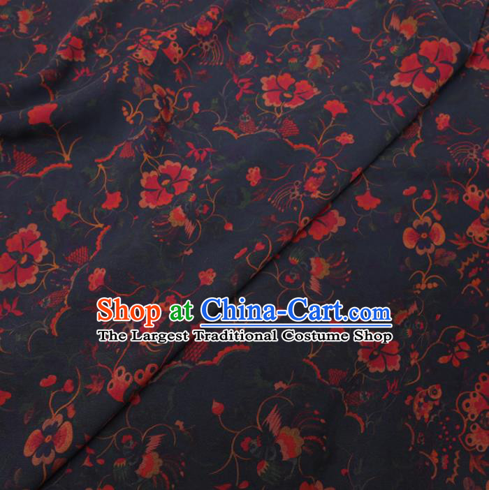 Chinese Cheongsam Classical Flowers Pattern Design Navy Watered Gauze Fabric Asian Traditional Silk Material