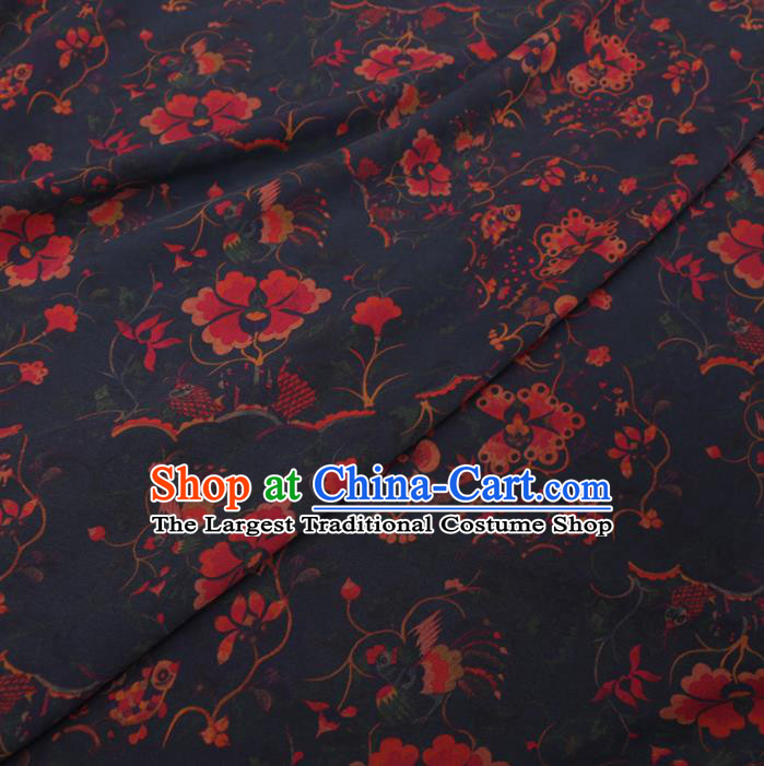Chinese Cheongsam Classical Flowers Pattern Design Navy Watered Gauze Fabric Asian Traditional Silk Material