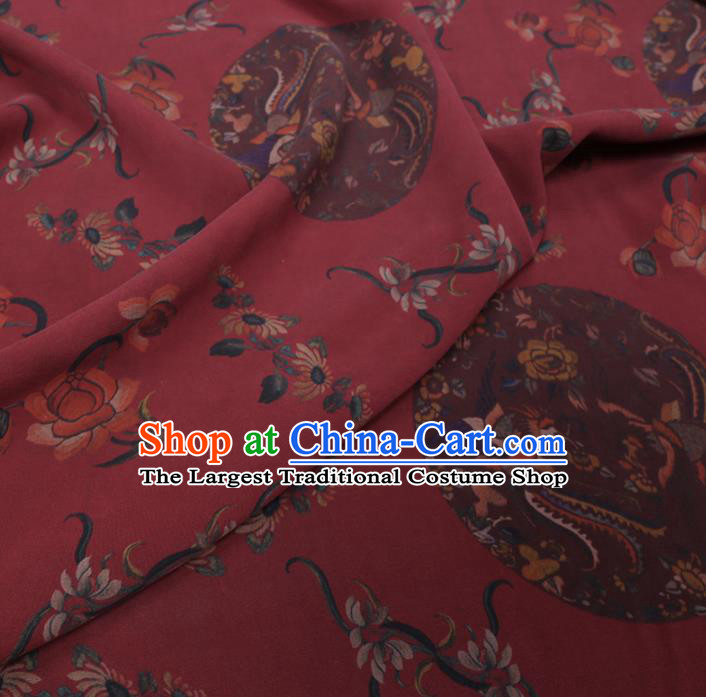 Chinese Cheongsam Classical Phoenix Peony Pattern Design Dark Red Watered Gauze Fabric Asian Traditional Silk Material
