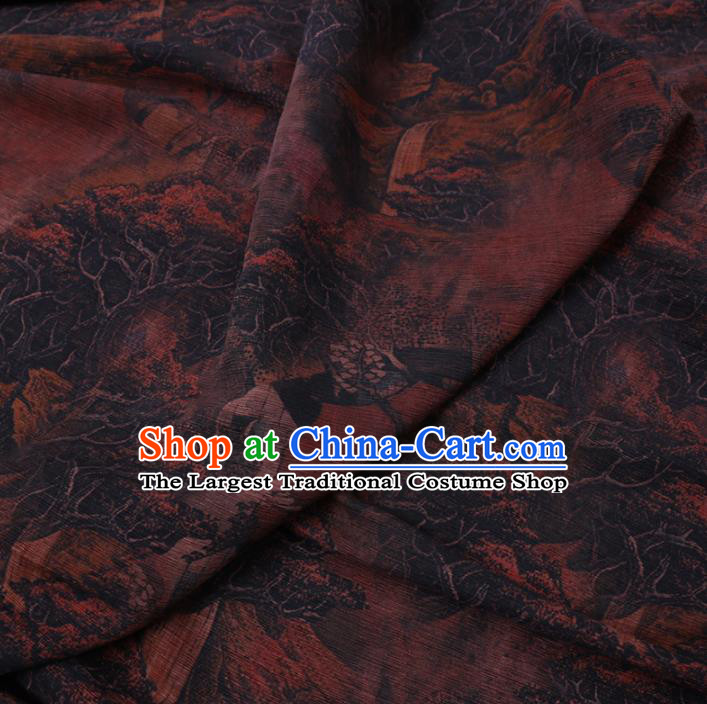 Chinese Cheongsam Classical Landscape Pattern Design Brown Watered Gauze Fabric Asian Traditional Silk Material