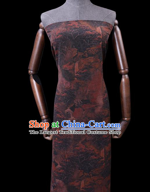 Chinese Cheongsam Classical Landscape Pattern Design Brown Watered Gauze Fabric Asian Traditional Silk Material