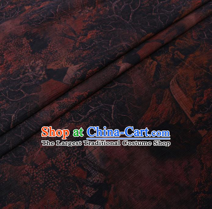 Chinese Cheongsam Classical Landscape Pattern Design Brown Watered Gauze Fabric Asian Traditional Silk Material