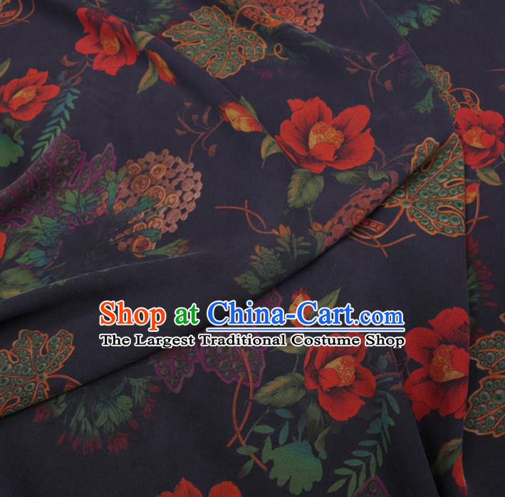 Chinese Cheongsam Classical Flowers Pattern Design Navy Watered Gauze Fabric Asian Traditional Silk Material