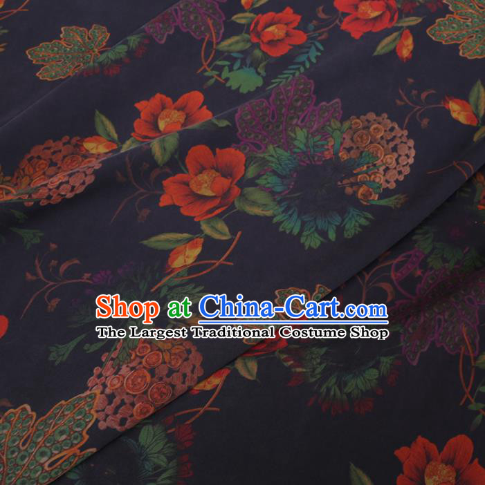 Chinese Cheongsam Classical Flowers Pattern Design Navy Watered Gauze Fabric Asian Traditional Silk Material