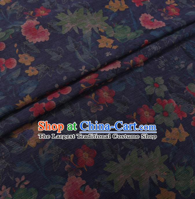 Chinese Cheongsam Classical Flowers Pattern Design Navy Blue Watered Gauze Fabric Asian Traditional Silk Material