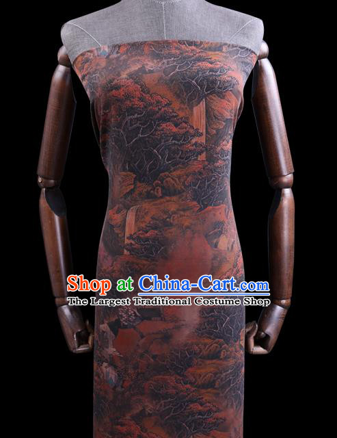 Chinese Cheongsam Classical Landscape Pattern Design Brown Watered Gauze Fabric Asian Traditional Silk Material
