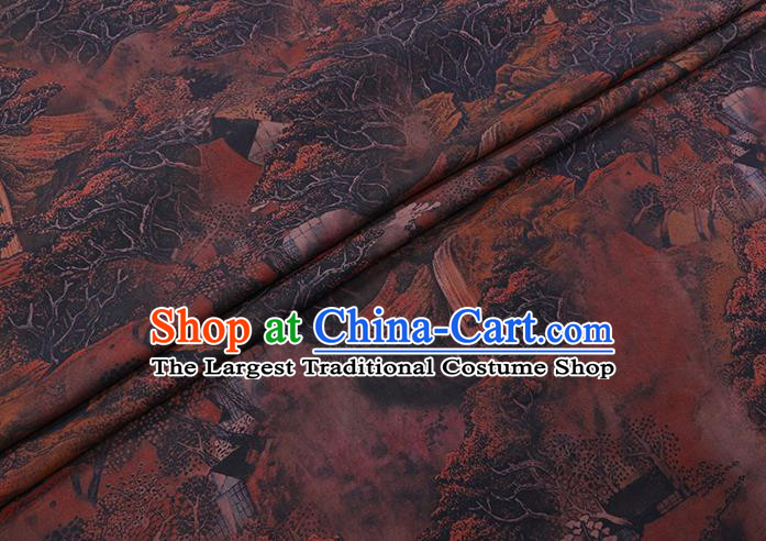 Chinese Cheongsam Classical Landscape Pattern Design Brown Watered Gauze Fabric Asian Traditional Silk Material