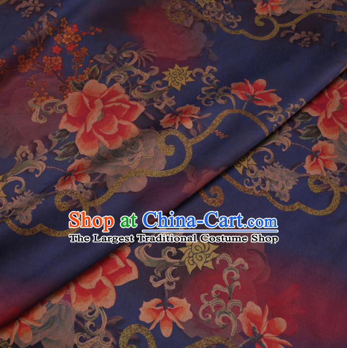Chinese Cheongsam Classical Peony Plum Pattern Design Deep Blue Watered Gauze Fabric Asian Traditional Silk Material