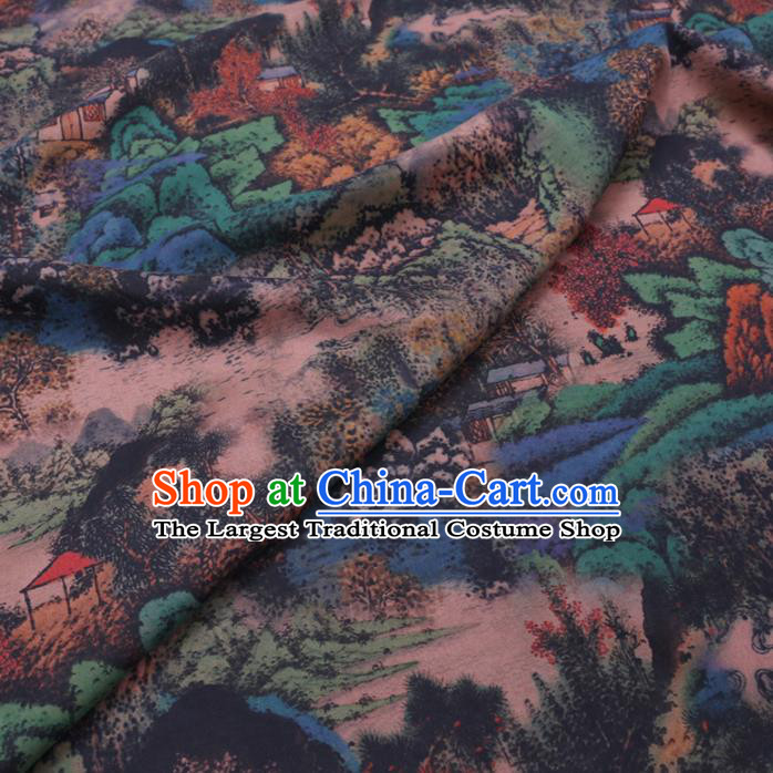 Chinese Cheongsam Classical Landscape Pattern Design Deep Blue Watered Gauze Fabric Asian Traditional Silk Material