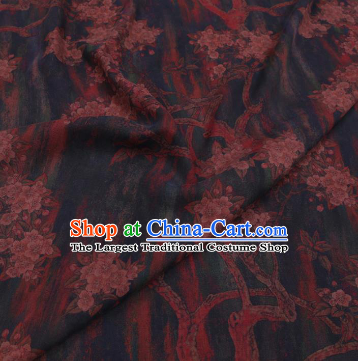 Chinese Cheongsam Classical Plum Flowers Pattern Design Deep Blue Watered Gauze Fabric Asian Traditional Silk Material
