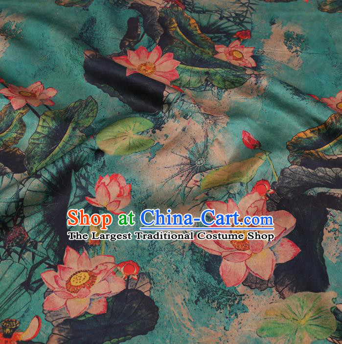 Chinese Cheongsam Classical Lotus Pattern Design Blue Watered Gauze Fabric Asian Traditional Silk Material