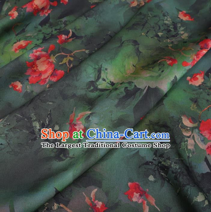 Chinese Cheongsam Classical Flowers Pattern Design Deep Green Watered Gauze Fabric Asian Traditional Silk Material