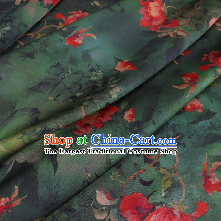 Chinese Cheongsam Classical Flowers Pattern Design Deep Green Watered Gauze Fabric Asian Traditional Silk Material