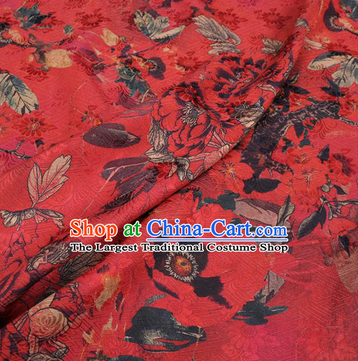 Chinese Cheongsam Classical Chrysanthemum Peony Pattern Design Red Watered Gauze Fabric Asian Traditional Silk Material