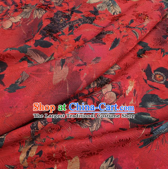 Chinese Cheongsam Classical Chrysanthemum Peony Pattern Design Red Watered Gauze Fabric Asian Traditional Silk Material