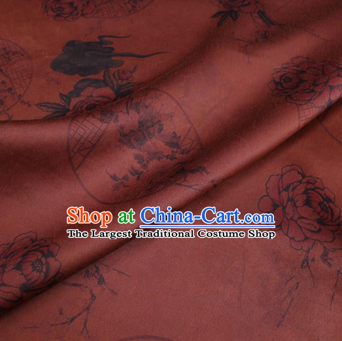 Chinese Cheongsam Classical Plum Peony Pattern Design Rust Red Watered Gauze Fabric Asian Traditional Silk Material