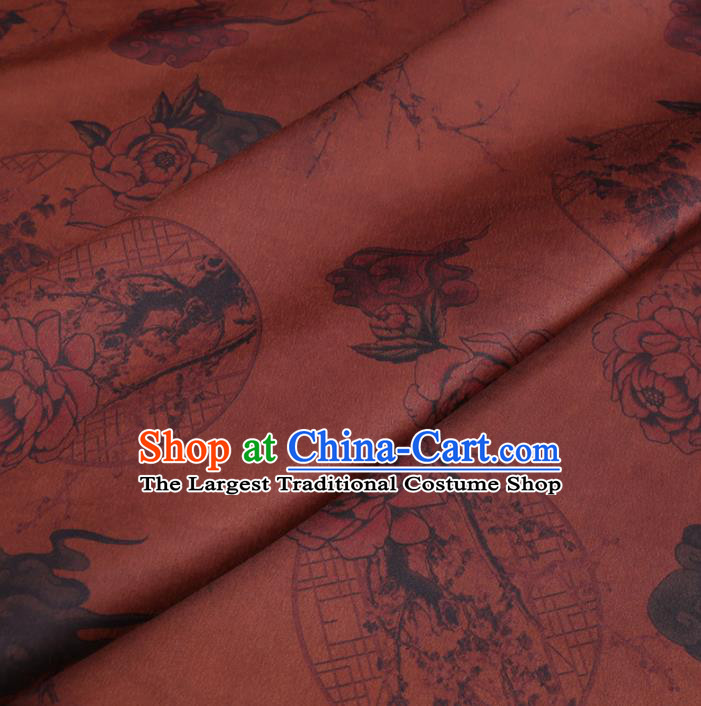 Chinese Cheongsam Classical Plum Peony Pattern Design Rust Red Watered Gauze Fabric Asian Traditional Silk Material