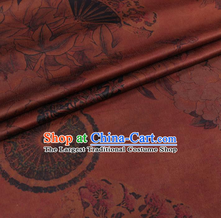 Chinese Cheongsam Classical Peony Fan Pattern Design Rust Red Watered Gauze Fabric Asian Traditional Silk Material