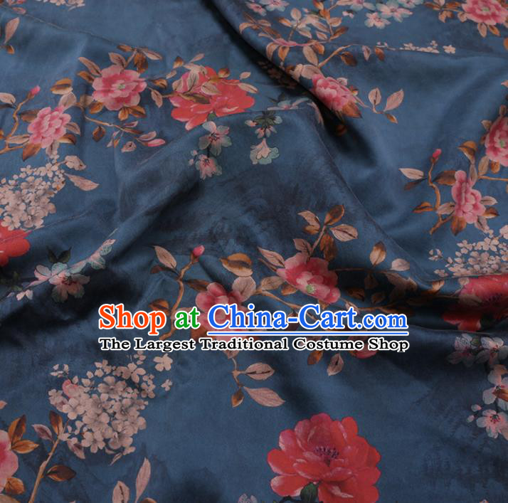Chinese Cheongsam Classical Flowers Pattern Design Blue Watered Gauze Fabric Asian Traditional Silk Material