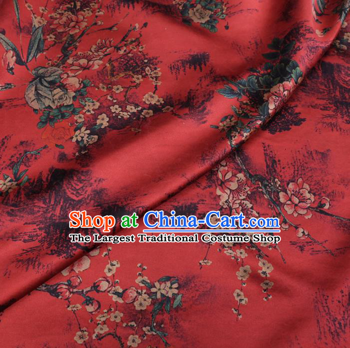 Chinese Cheongsam Classical Plum Flowers Pattern Design Red Watered Gauze Fabric Asian Traditional Silk Material