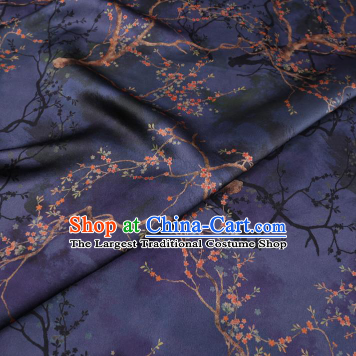 Chinese Cheongsam Classical Plum Flowers Pattern Design Deep Blue Watered Gauze Fabric Asian Traditional Silk Material