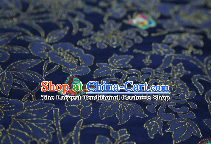 Chinese Classical Chrysanthemum Butterfly Pattern Design Navy Brocade Fabric Asian Traditional Silk Material